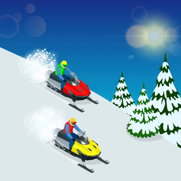 Ο άνθρωπος οδήγησης σπορ snowmobile. ο άνθρωπος και γρήγορη δράση snowmobile άλματα. Ισομετρική διανυσματικά εικονογράφηση — Διανυσματικό Αρχείο