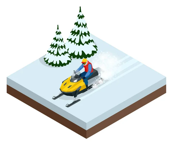 Hombre conduciendo motos de nieve deportivas en un día soleado. Ilustración isométrica vectorial — Vector de stock