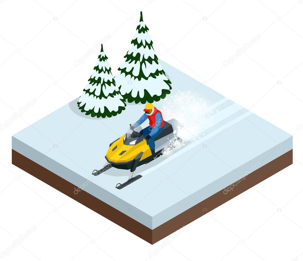 Man driving sports snowmobile in a sunny day. Isometric vector illustration