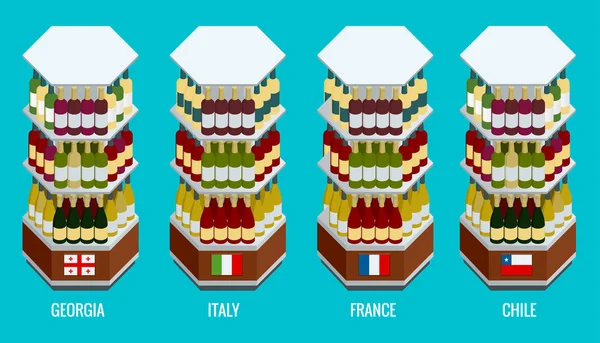 Изометрические бутылки вина, сложенные на деревянных стойках Грузии, Италии, Франции, Чили. Векторная иллюстрация на белом фоне — стоковый вектор