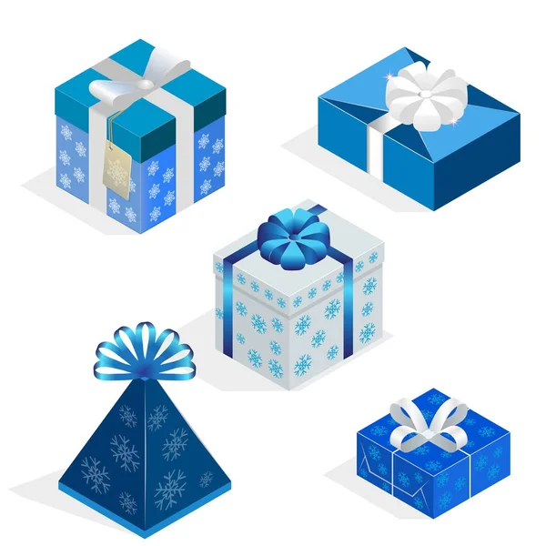 Isometric Set of colorful gift boxes with bows and ribbons. Surprise inside. Vector illustration. — Stock Vector