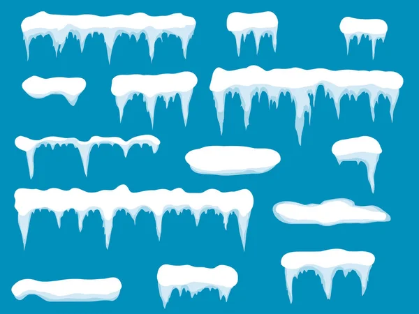 Sada kreslený sníh designový prvek na rampouchy modré pozadí sněhu, sněhu cap izolovaný. Zasněžené prvky na zimní pozadí. Vektor šablona — Stockový vektor