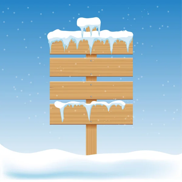 Üres fa jelei a hó. Billboard banner, jelzőtábla irányított, guidepost mutat. Karácsonyi téli ünnepek vektoros elemek. — Stock Vector