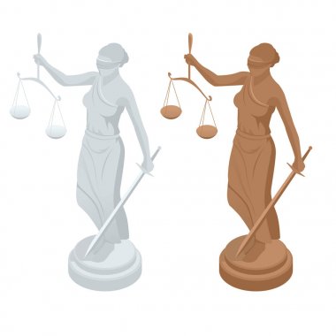Ölçekler ve kılıç ile izometrik heykeli Tanrı'nın adalet Themis veya Femida. Hukuk ve adalet sembolü. Düz simge vektör çizim.