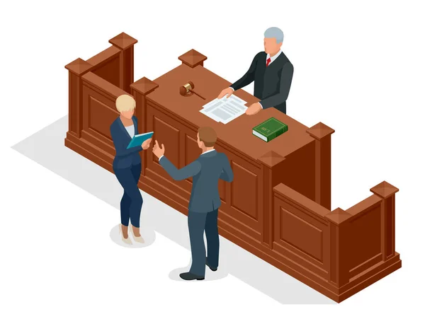 Símbolo isométrico da lei e da justiça no tribunal. Vector ilustração juiz bancada arguido advogados audiência. Processos judiciais . —  Vetores de Stock
