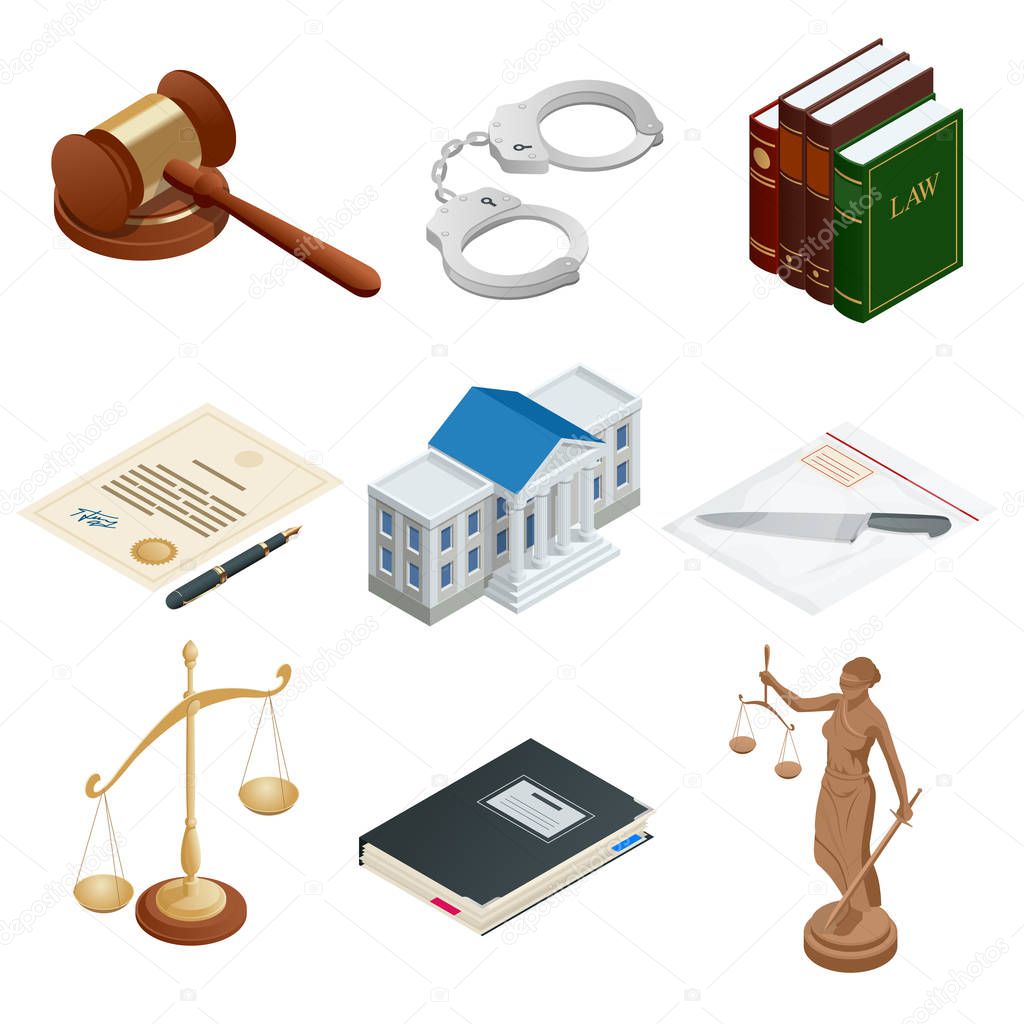 Isometric icons of isolated public justice symbols. Lawbook, handcuff, judge gavel, scales, paper, Themis. Vector illustration