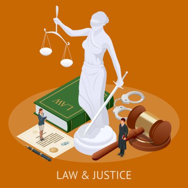 İzometrik hukuk ve adalet kavramı. Hukuk Tema, hakimin, çekiç ölçekler adalet, kitap, adalet vektör çizim heykeli.