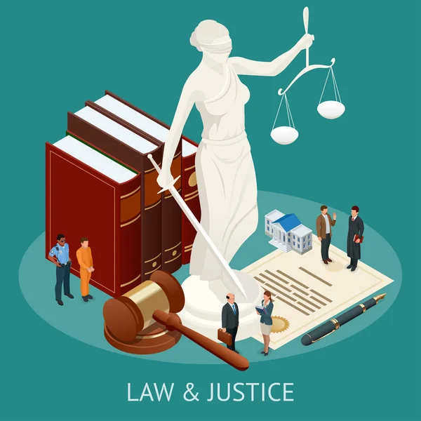Isometrisk lag och rättvisa koncept. Lagen tema, klubba av domaren, skalor för rättvisa, böcker, staty av rättvisa vektorillustration. — Stock vektor