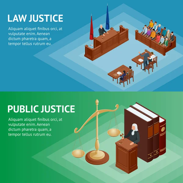 Изометрическое право и справедливость. Тема права, молоток судьи, весы правосудия, книги, векторная иллюстрация статуи правосудия . — стоковый вектор