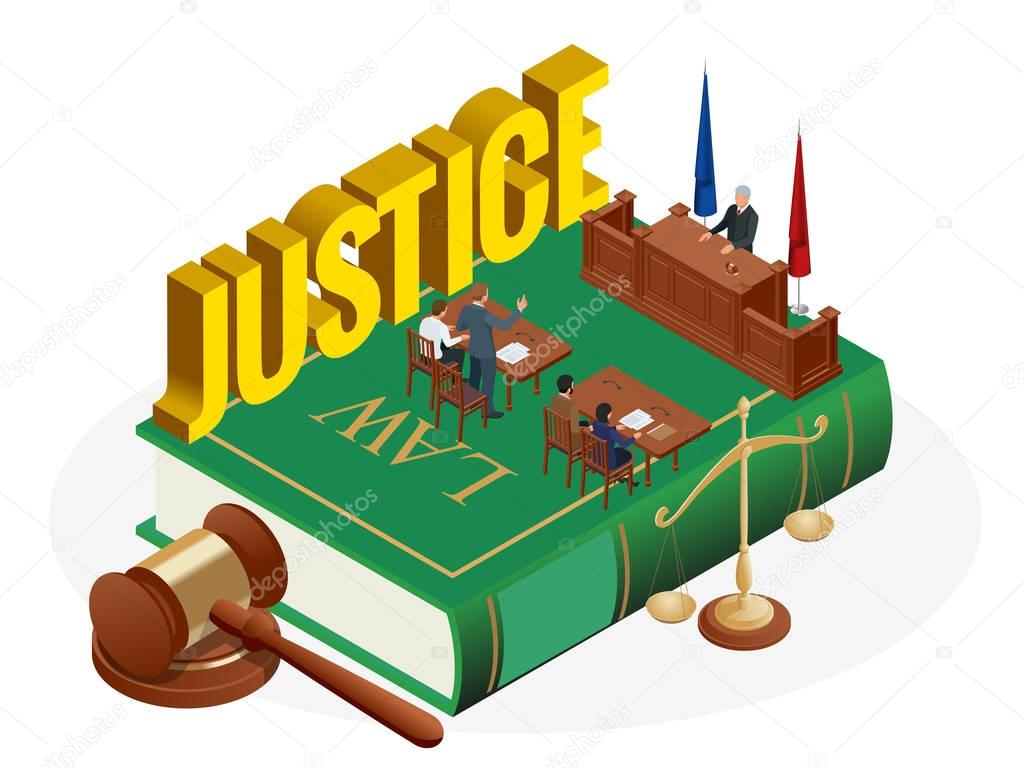 Isometric Law and Justice concept. Law theme, mallet of the judge, scales of justice, books, statue of justice vector illustration.