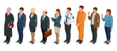 İzometrik hukuk ve adalet. İnsanlar mevcut Mahkemesi hakimi, katip, çevirmen, avukat, tanık, davacı, davalı, stenograf, savcı, sanık, polis memuru vektör çizim