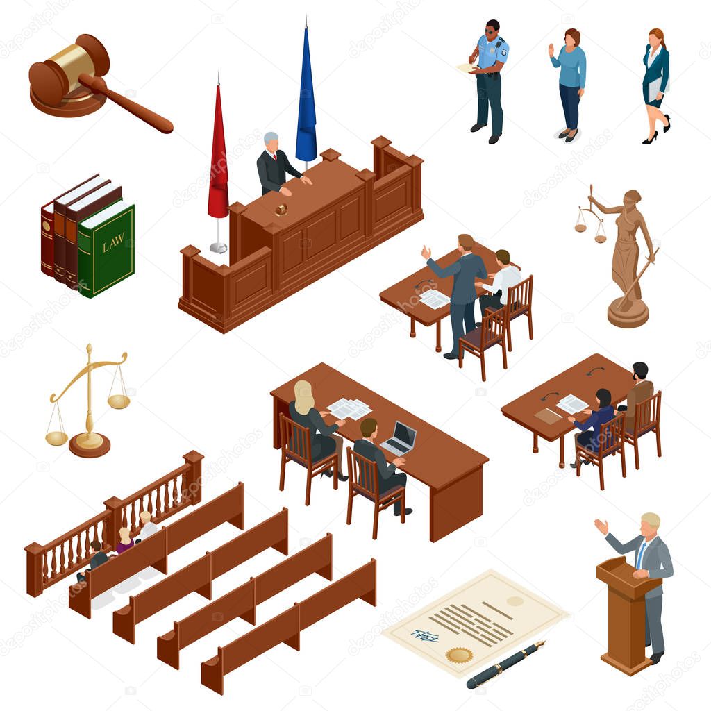 Isometric Law and Justice. Symbols of legal regulations. Juridical icons set. Legal juridical, tribunal and judgment, law and gavel, vector illustration