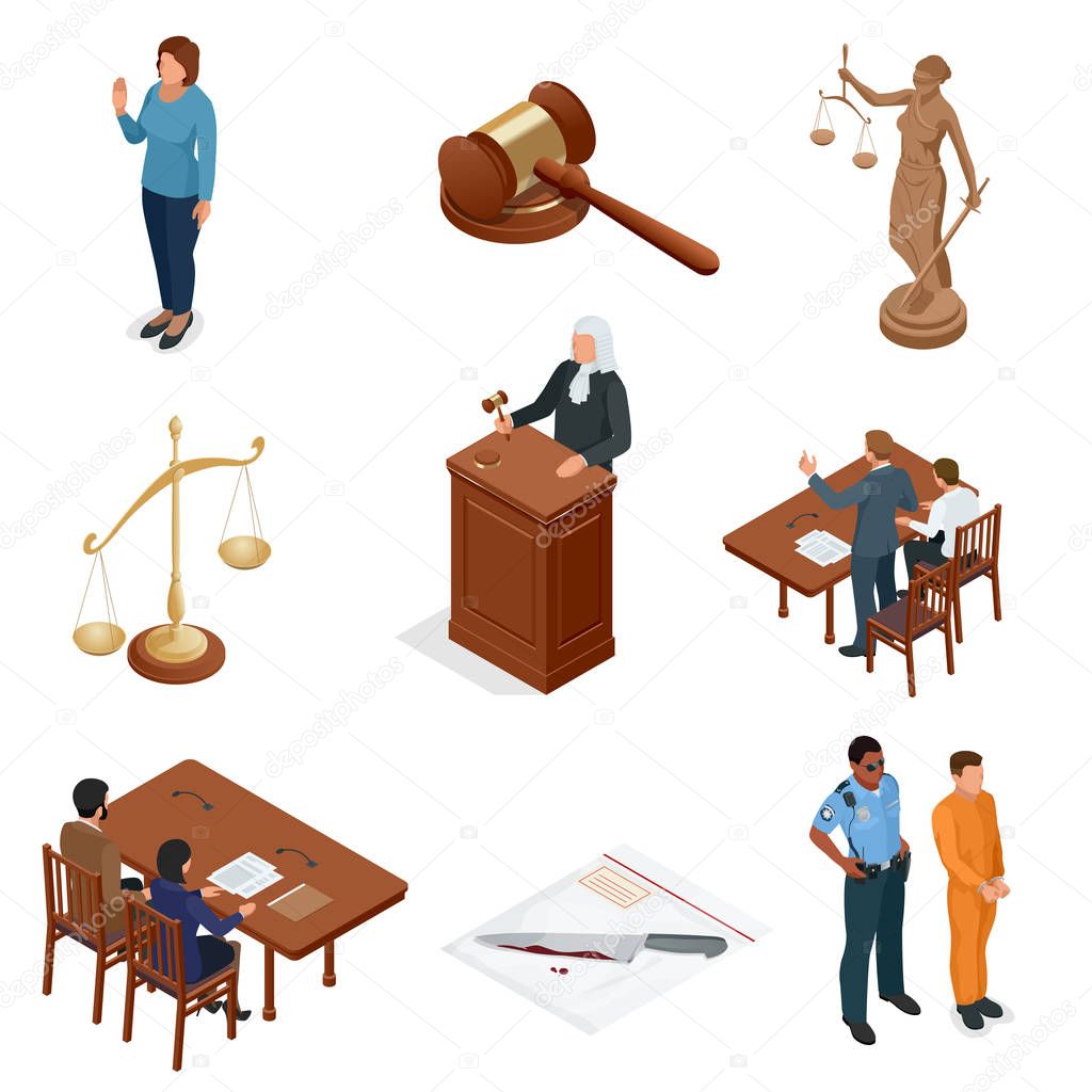 Isometric Law and Justice. Symbols of legal regulations. Juridical icons set. Legal juridical, tribunal and judgment, law and gavel, vector illustration