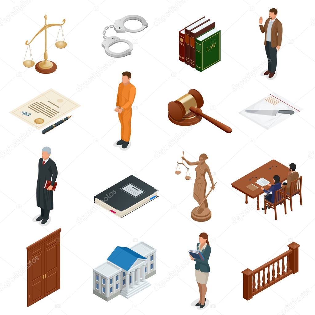 Isometric Law and Justice. Symbols of legal regulations. Juridical icons set. Legal juridical, tribunal and judgment, law and gavel, vector illustration