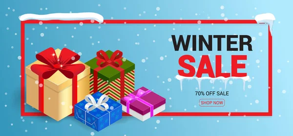 Banner de venda de Natal de inverno, ilustração vetorial. Conceito de compras de inverno. Compras, oferta, fundo de desconto — Vetor de Stock