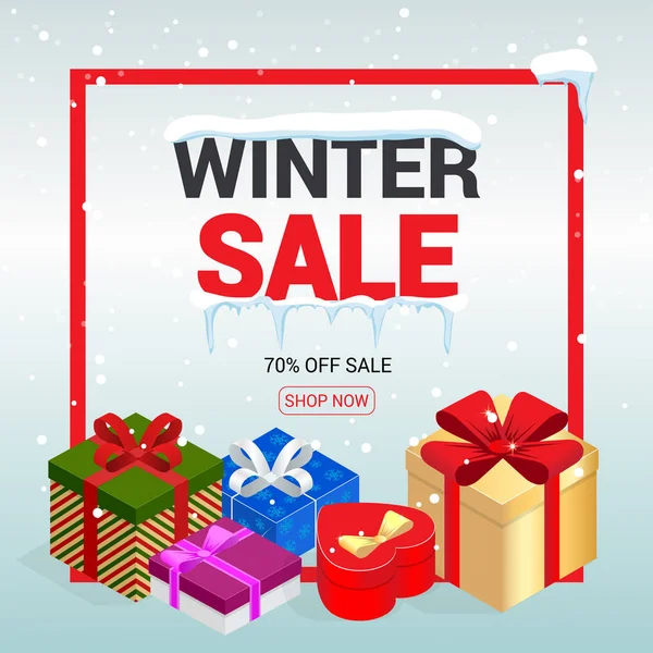 Banner de venda de Natal de inverno, ilustração vetorial. Conceito de compras de inverno. Compras, oferta, fundo de desconto — Vetor de Stock