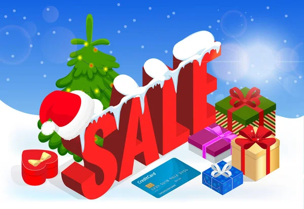 Winter Kerst Koop banner, vector illustratie. Winter shopping concept. Winkelen, bieden, korting achtergrond — Stockvector