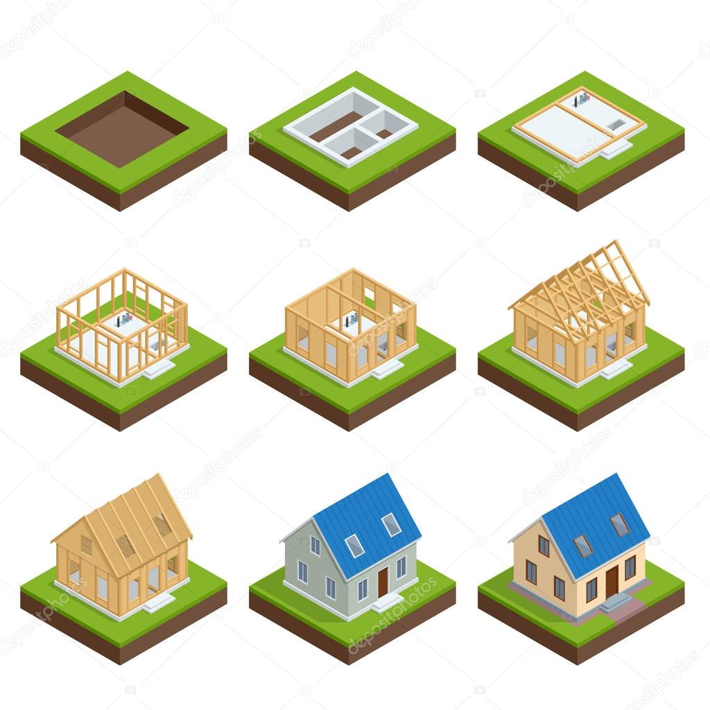 Isometric set stage-by-stage construction of a blockhouse. House building process. Foundation pouring, construction of walls, roof installation and landscape design vector illustration.