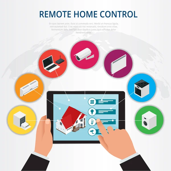 Isometrische huis afstandsbediening, slim huis concept. Houdt een slimme energie controller online domoticasysteem op een digitale tablet. Vectorillustratie — Stockvector