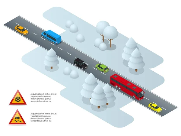 Ολισθηρό, πάγος, Χειμώνας, χιόνι δρόμος και αυτοκίνητα. Προσοχή το χιόνι. Χειμερινή οδήγηση και την οδική ασφάλεια. Αστικές μεταφορές. — Διανυσματικό Αρχείο