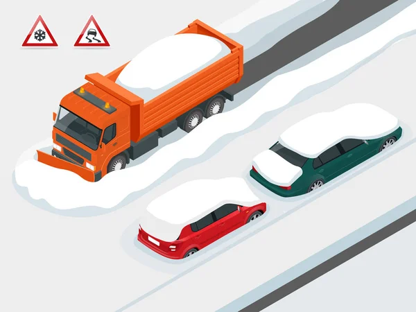 Snow plough truck clearing road after white-out winter snowstorm blizzard for vehicle access. Cars covered in snow on a road during snowfall. Can be used for advertisement, infographics, game. — Stock Vector