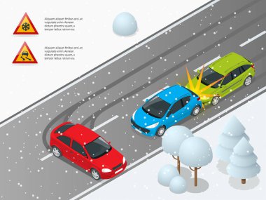 İzometrik kış kaygan yol, araba kazası. Kaygan yolda araba sürmek. Kentsel ulaşım. Reklam, infographics, oyun veya mobil apps simgesi için kullanılabilir.