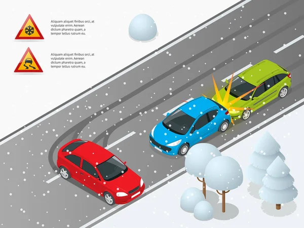 Isometrische winter glad road, auto-ongeluk. De auto rijdt op een gladde weg. Stedelijk vervoer. Kan worden gebruikt voor reclame, infographics, spel of mobiele apps pictogram. — Stockvector