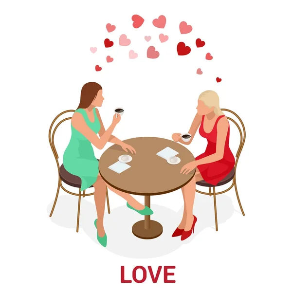Isometric people LGBT Gay dating and Lesbian Couple Moments. Happiness Concept. — Stock Vector