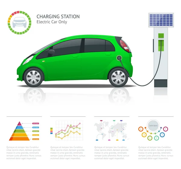 Infografica e verde vettore punto di ricarica auto elettrica. Tecnologie ecologiche rinnovabili. Potenza verde . — Vettoriale Stock