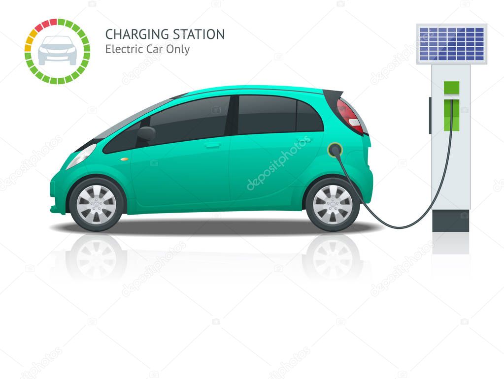 Power supply for electric car charging. Electric car charging station vector. Renewable eco technologies. Green power.
