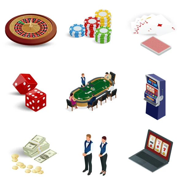 Isometric casino icons set. Laptop with roulette, slot machine, dice, casino chips and playing cards isolated on background. Vector illustration — Stock Vector