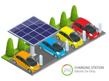 Elektrikli Araba şarj etmek için güç kaynağı. Elektrikli araç şarj istasyonu vektör. Yenilenebilir çevre teknolojileri. Yeşil güç