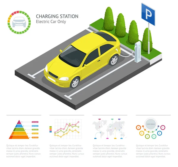 Infographics en groene elektrische auto opladen punt vector. Duurzame eco-technologieën. Groene stroom. — Stockvector