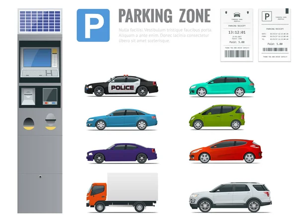 Conjunto de terminal moderno realista para pagar estacionamento, recibo de estacionamento e vista de carros de lado . — Vetor de Stock