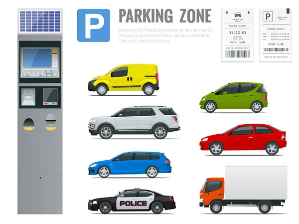 Conjunto de terminal moderno realista para pagar estacionamento, recibo de estacionamento e vista de carros de lado . — Vetor de Stock