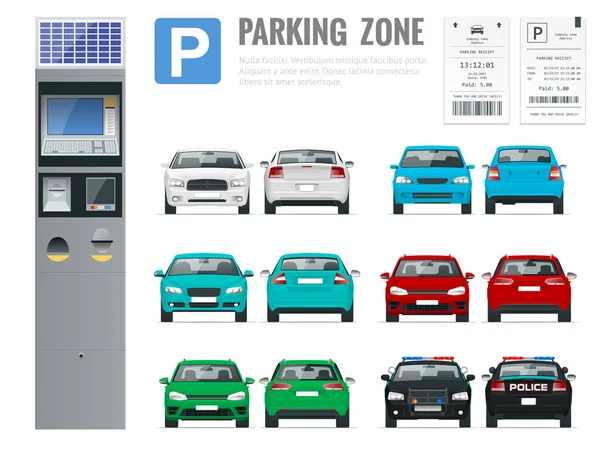 Conjunto de terminal moderno realista para pagar estacionamento, recibo de estacionamento e carros vista frontal e traseira — Vetor de Stock
