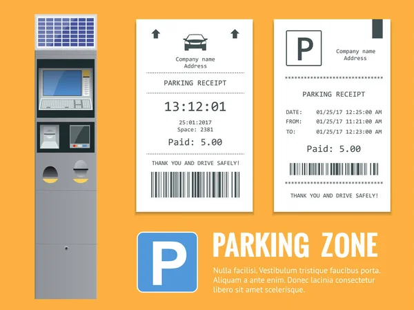 Realistic modern terminal for paying for car parking and parking receipt. Vector illustration — Stock Vector