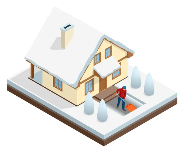 Hombre con pala limpiando el patio trasero lleno de nieve fuera de su casa. Ciudad tras ventisca. Casa cubierta de nieve. Ilustración isométrica vectorial — Vector de stock