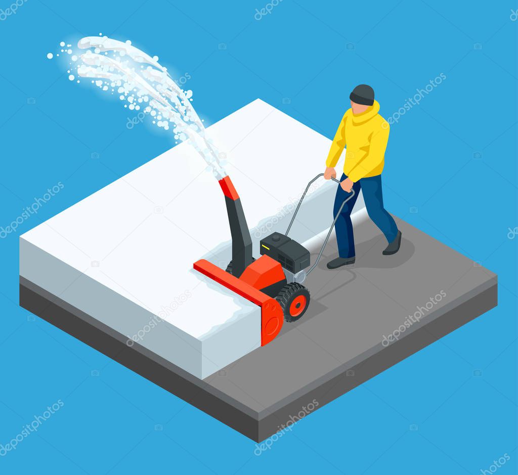 A man cleans snow from sidewalks with snowblower. City after blizzard. Isometric vector illustration