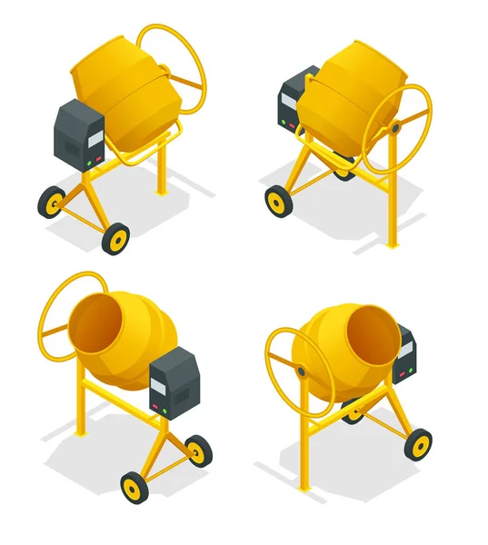 Isometric set of Concrete mixer icon for web. Cement mixer vector, pouring cement isolated white background. — Stock Vector