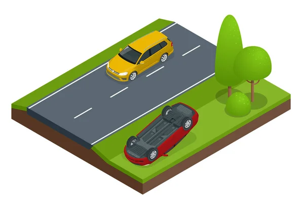 Auto omgedraaid. Auto omgedraaid na ongeval. Voertuig omgedraaid op dak. Autoverzekering. Bescherming tegen gevaar, beveiliging. Vector isometrische illustratie plat ontwerp. — Stockvector