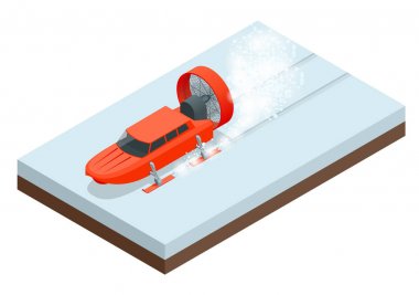 İzometrik Aerosani, kar arabası, pervane odaklı kayaklar, kullanılan iletişim, posta teslimat, tıbbi yardım, acil durumda kurtarma için çalışıyor. Aerosled vektör illüstrasyon izole beyaz arka plan