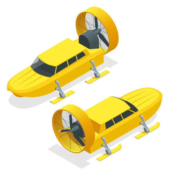 Isometrische Aerosani, propeller aangedreven sneeuwscooter, op ski's, gebruikt voor communicatie, mail leveringen, medische hulp, noodherstel uitgevoerd. Aerosled vector illustratie geïsoleerd witte achtergrond — Stockvector
