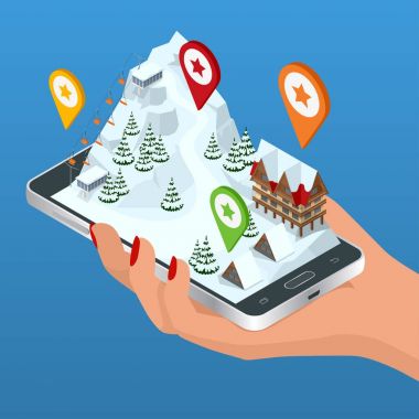 Online otel rezervasyon. Kayak, yamaç, teleferik insanlar, kayakçı beyaz kar çam ağaçları ve otel arasında pist üzerinde. Kış tatil web banner tasarımı.