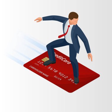 İzometrik genç işadamı sörf kredi kartı ile. Teknoloji tadını çıkarıyor. Vektör çizim
