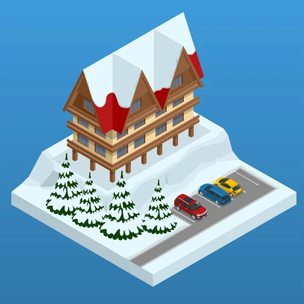 Réservation d'hôtel en ligne. Station de ski de montagne avec neige en hiver. Conception de bannière web de vacances d'hiver. Illustration isométrique vectorielle . — Image vectorielle