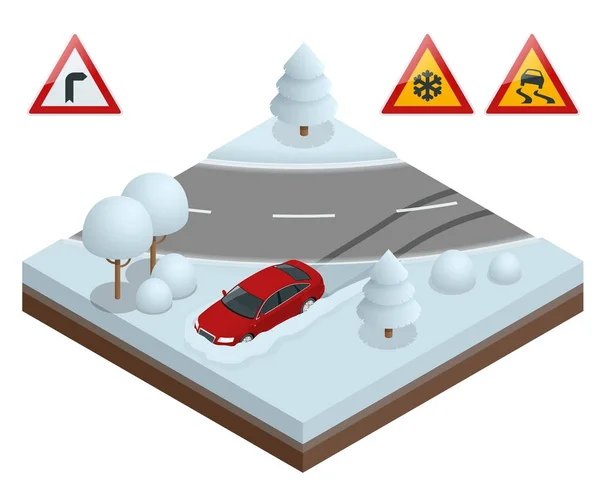 Ισομετρική drift αυτοκίνητο σε μια έννοια χιονισμένο δρόμο. Βαρύ χιόνι στο δρόμο οδηγώντας σε το γίνεται επικίνδυνα — Διανυσματικό Αρχείο