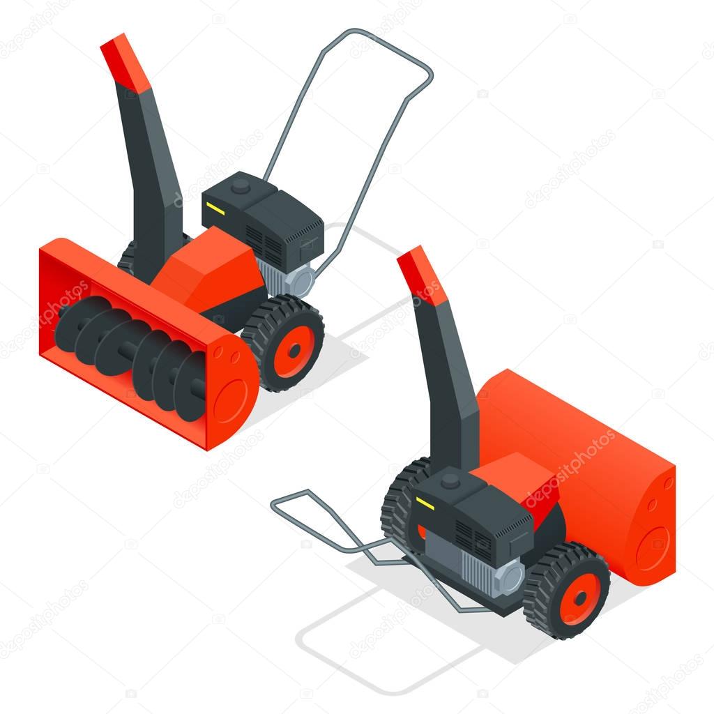 Isometric snow thrower. Cleans snow from sidewalks with snowblower. City after blizzard. Isometric vector illustration