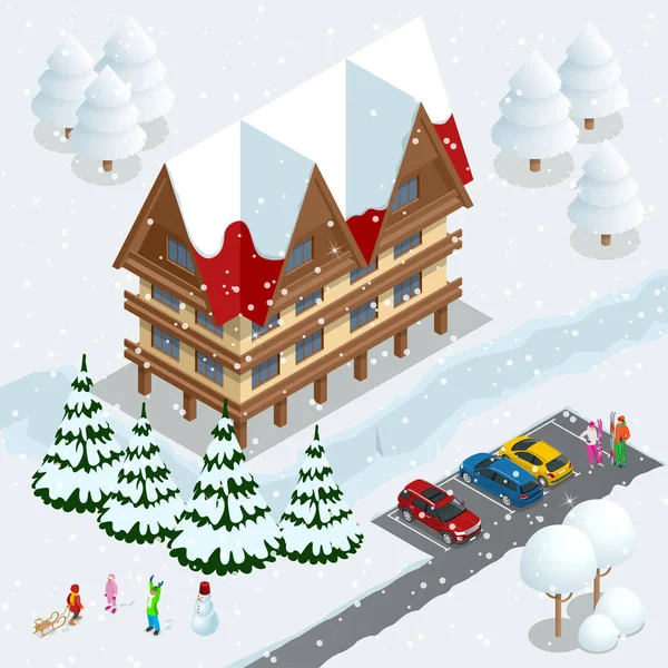 Station de ski, piste, personnes sur le téléski, skieurs sur la piste parmi les pins des neiges blanches et hôtel. Conception de bannière web de vacances d'hiver. Illustration isométrique vectorielle . — Image vectorielle