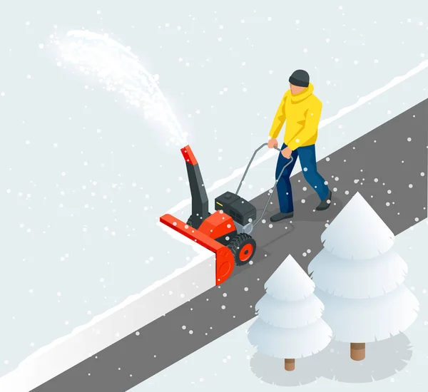 Um homem limpa a neve das calçadas com um ventilador de neve. Cidade após nevasca. Ilustração vetorial isométrica . —  Vetores de Stock